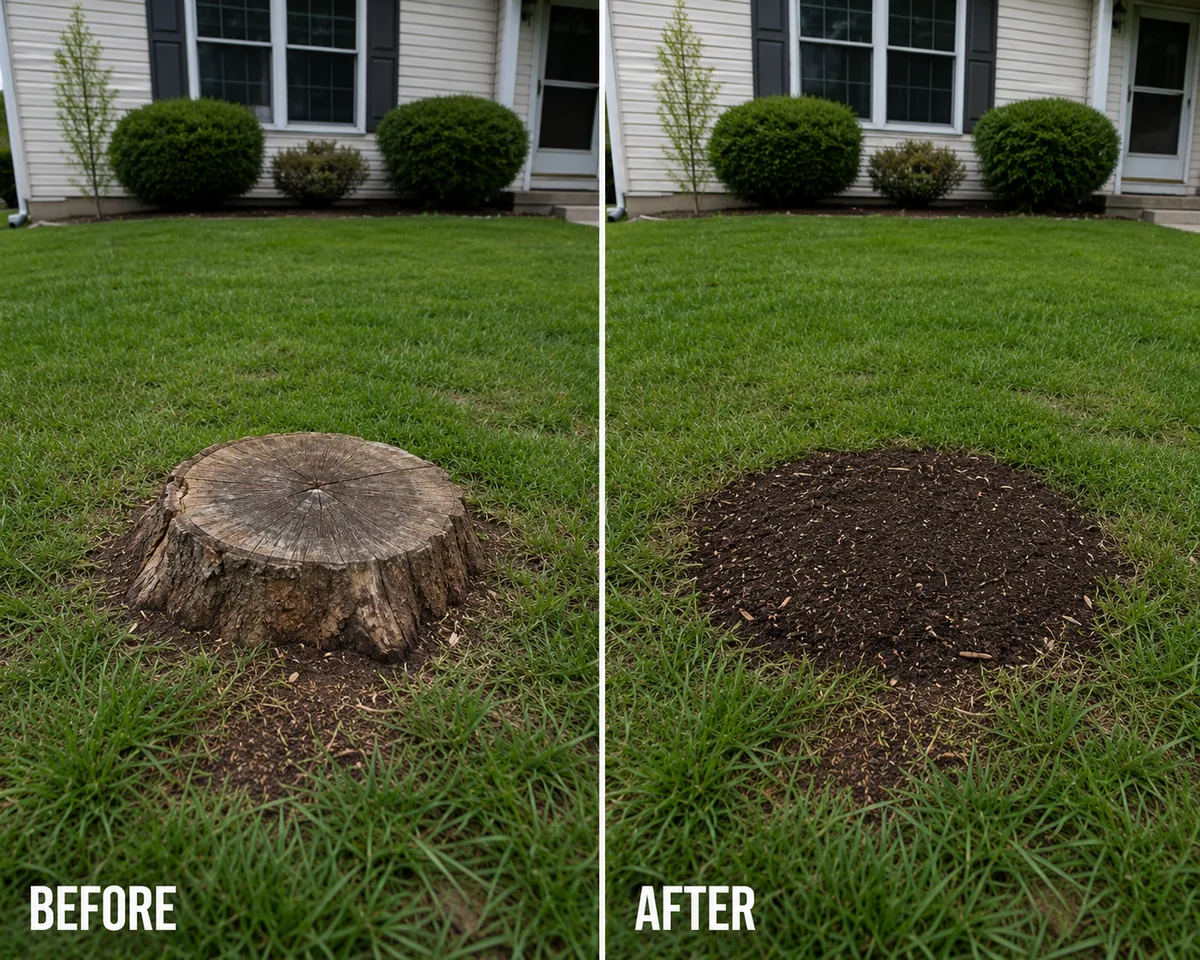 Large weathered tree stump in Sylvania OH front yard before grinding by Glass Cities Tree Service