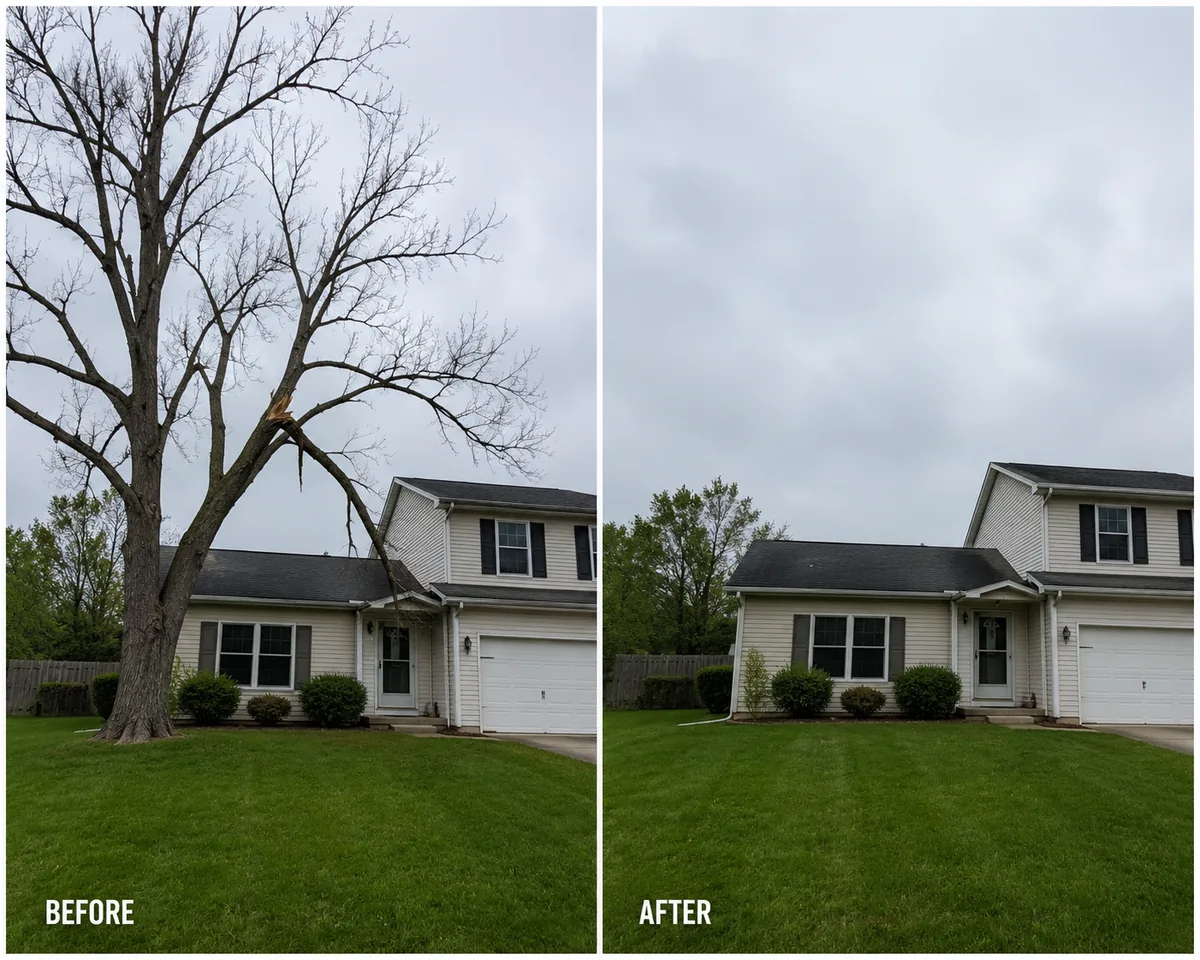 Hazardous tree leaning toward a Toledo OH home before removal by Glass Cities Tree Service
