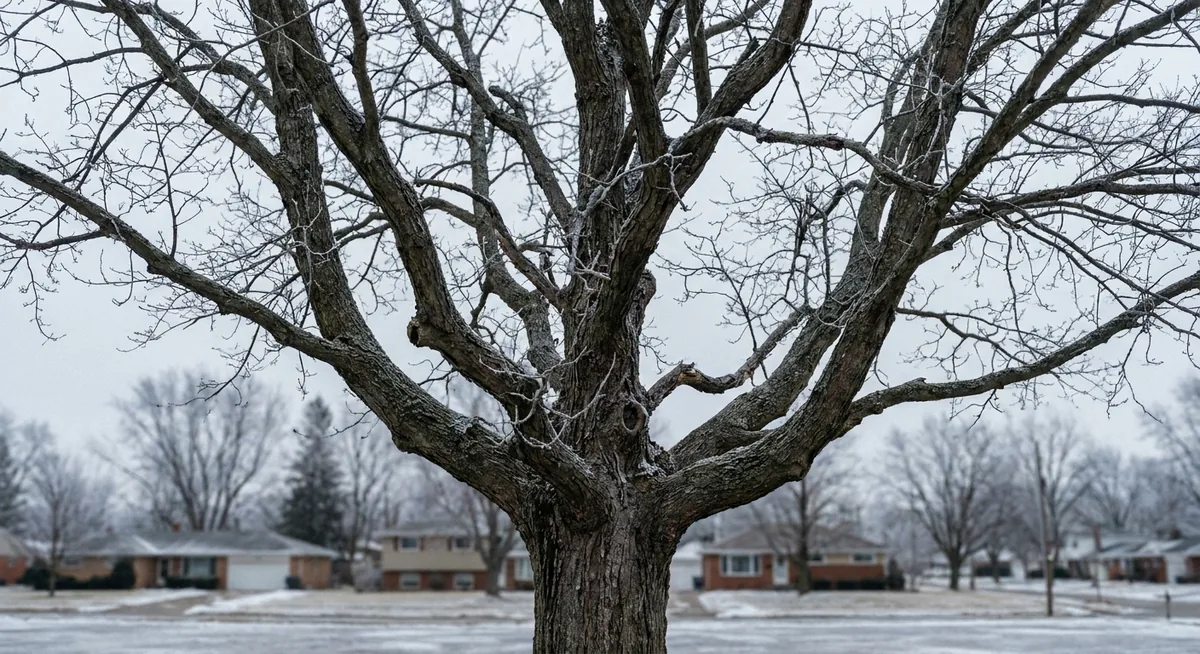 Large bare deciduous tree in winter against a cold Ohio sky — could be dormant or dying