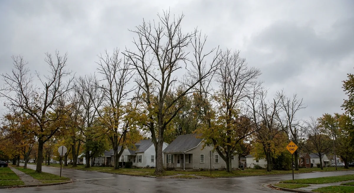 Ash trees in northwest Ohio showing progressive crown dieback from emerald ash borer infestation