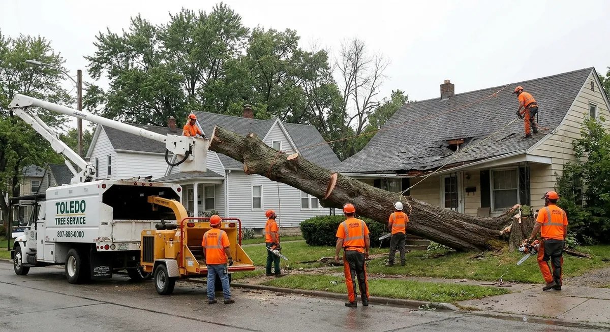 Tree service crew removing a large fallen tree from a house roof after a storm in Toledo Ohio