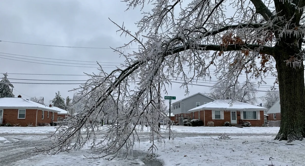 Ice-coated tree branches bending under the weight of freezing rain in a Toledo Ohio residential neighborhood
