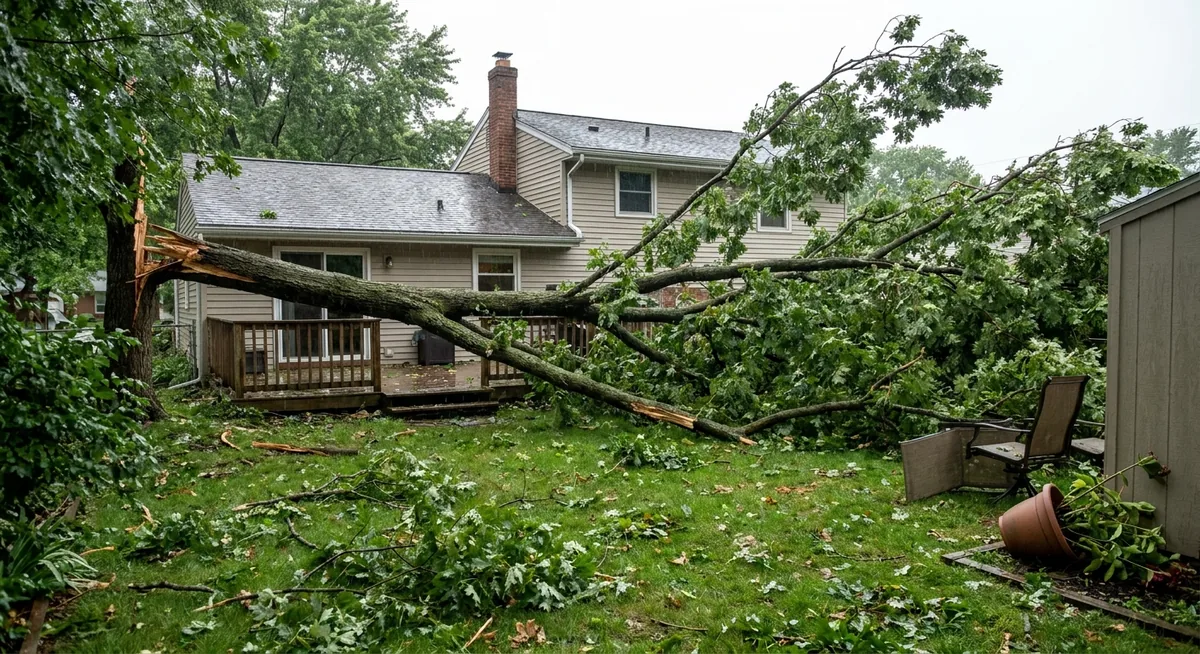 Storm-damaged tree with broken branches in a Toledo Ohio residential yard after severe weather