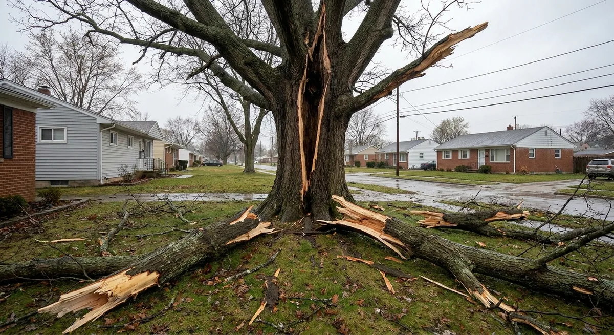 Severely storm-damaged tree with split trunk and broken branches in a Toledo Ohio residential yard