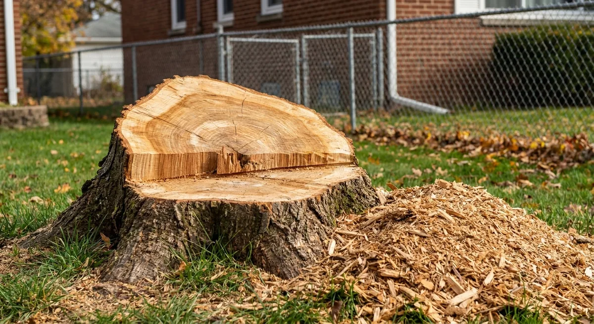 Tree stump in a Toledo Ohio residential yard showing the difference between grinding and full removal
