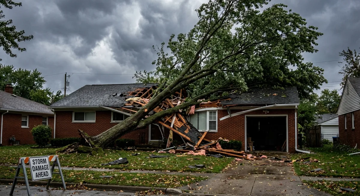 Large tree fallen through the roof of a suburban house after a storm in Toledo Ohio