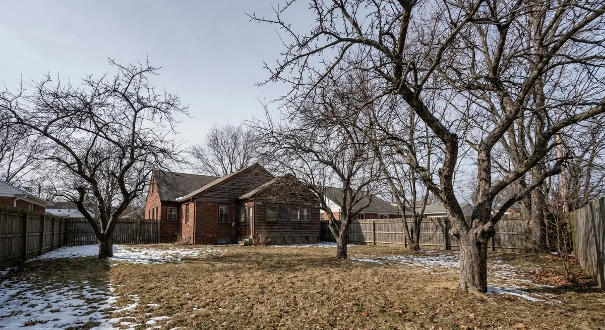 Bare deciduous trees in a Toledo Ohio yard in late winter — ideal time for pruning