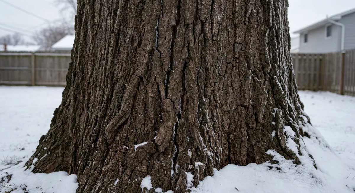 Frost-cracked tree bark and winter damage on a mature tree in a Toledo Ohio yard