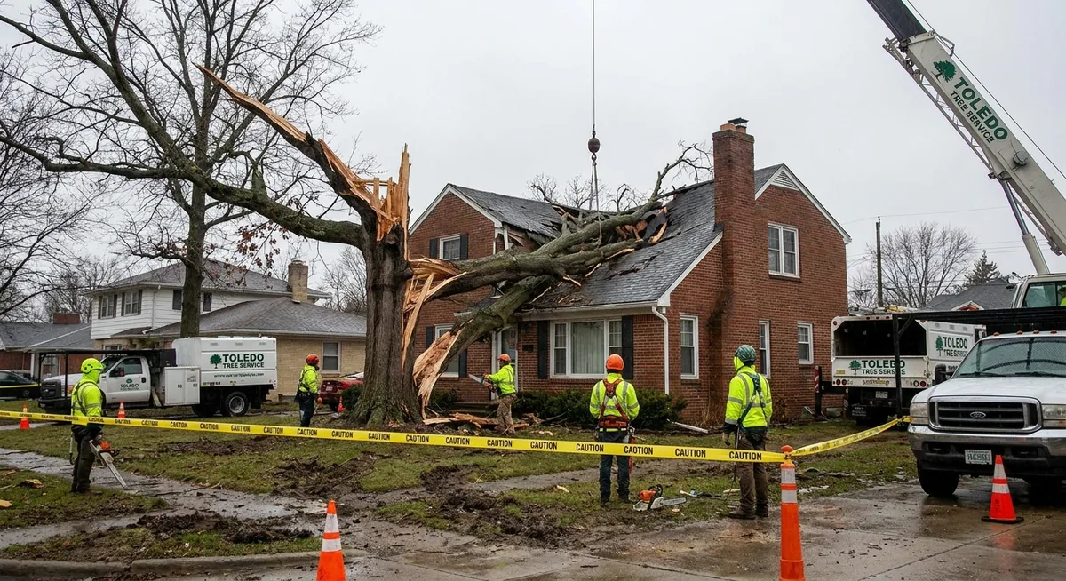 Emergency tree removal crew cutting a storm-fallen tree off a house roof in Toledo Ohio