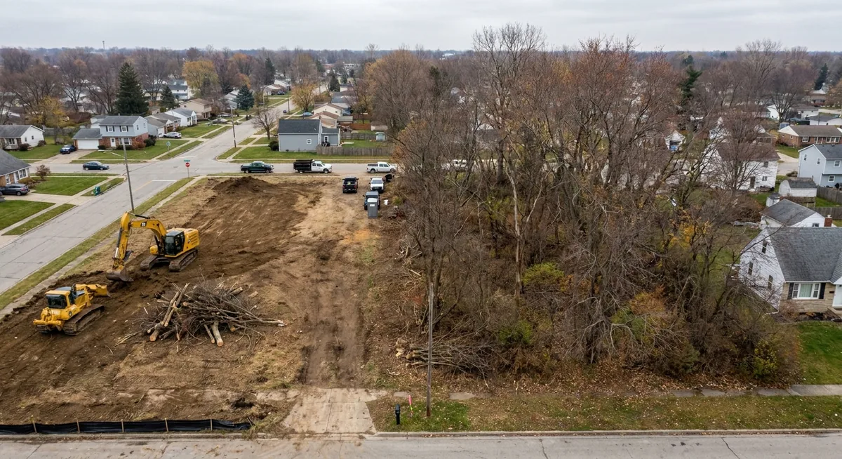 Land clearing operation removing trees and brush from a lot in Toledo Ohio