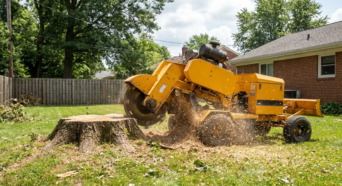 Professional stump grinder machine eliminating a tree stump in a Toledo Ohio backyard