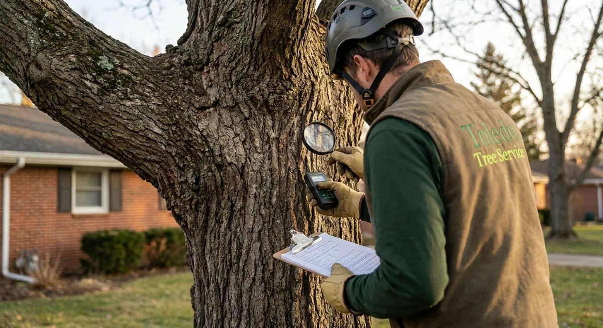 Certified arborist inspecting the health of an oak tree at a Toledo Ohio residential property