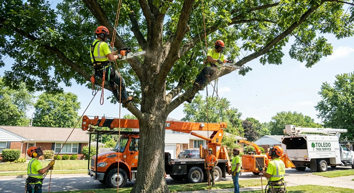 Glass City Tree Service crew safely removing a large tree in a Toledo Ohio residential neighborhood