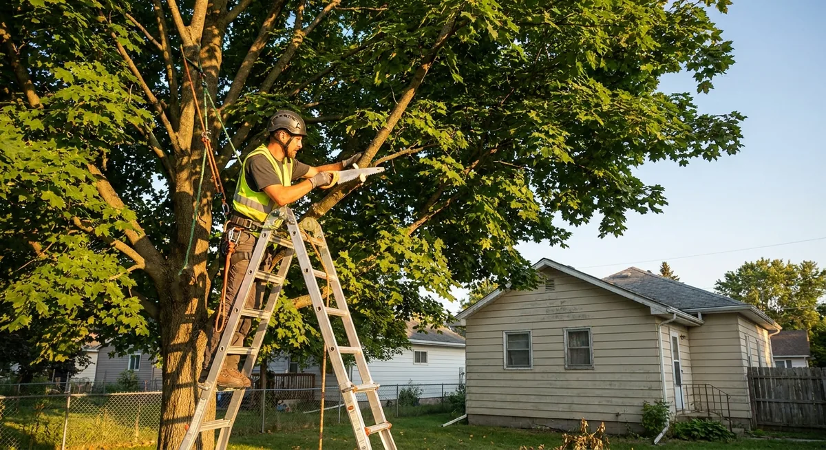 Certified arborist pruning a mature maple tree at a residential property in Toledo OH